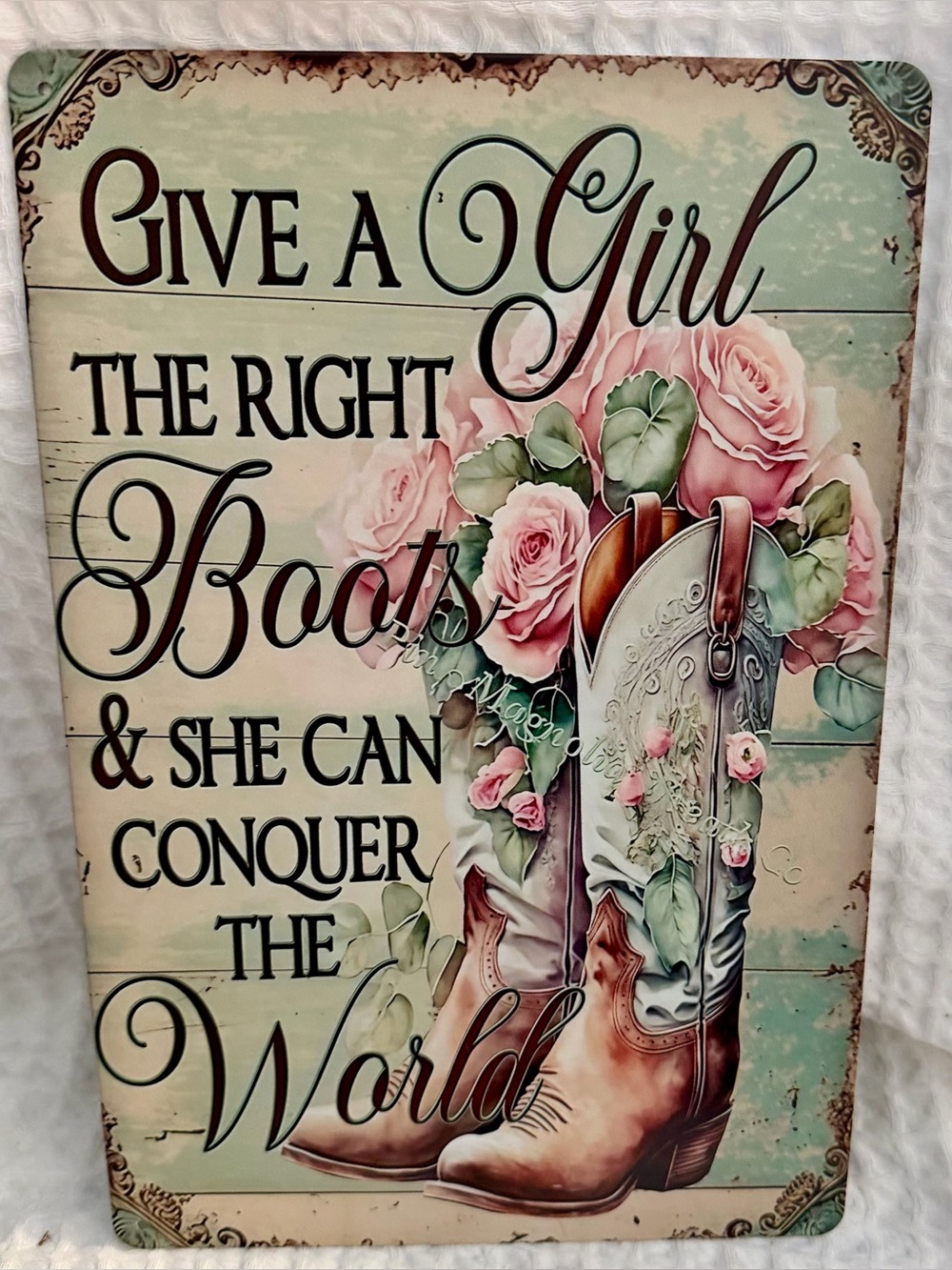 Give a Girl the Right Boots Pink Floral Wall Art Sign